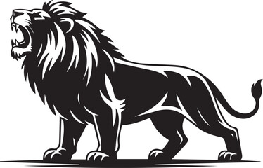 A majestic roaring lion in a bold black and white graphic style. Vector illustration for a mascot, emblem, or team logo.