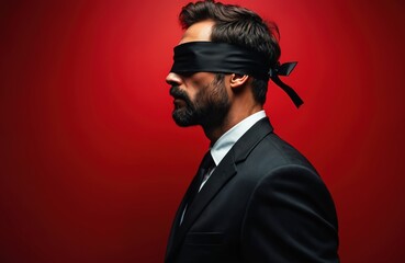 Fototapeta premium Profile of blindfolded businessman in sharp black suit against vibrant red backdrop. Dramatic chiaroscuro lighting emphasizes mystery, uncertainty. Choice, succession, political intrigue.