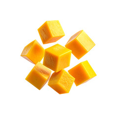 Fresh vibrant mango cubes floating around freely on transparent background