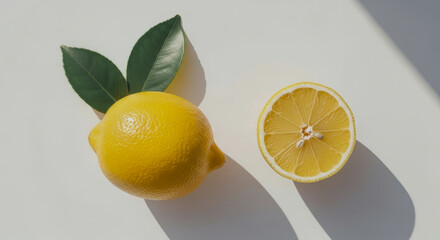 Whole lemon and lemon half with leaves on a white surface with shadows.