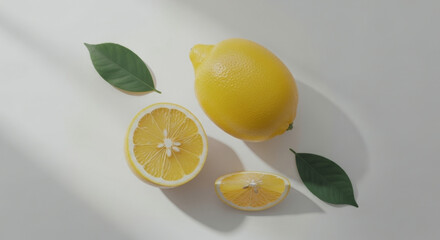 Lemons whole and sliced with leaves on a white surface in sunlight.