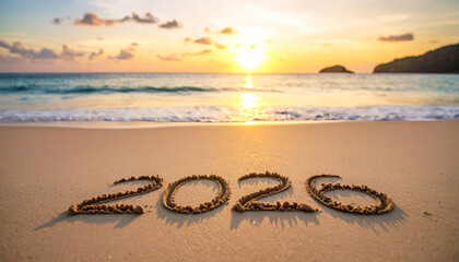 New Year 2026 on the beach sand with sunrise