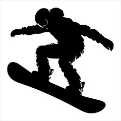 Black silhouette of a snowboarder in white background
