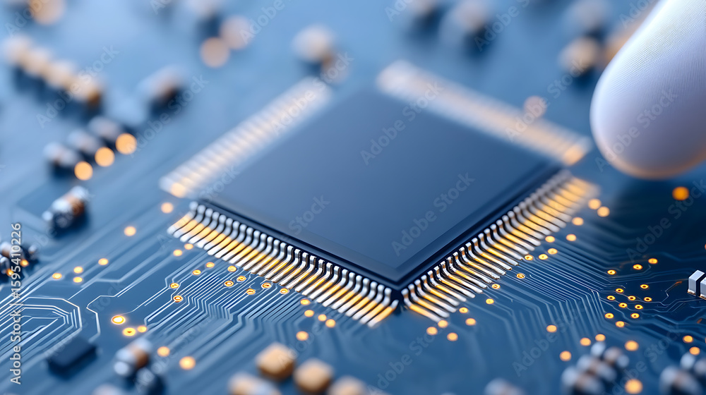 Poster close-up of a microchip on a circuit board: a modern technological marvel. perfect for illustrating 