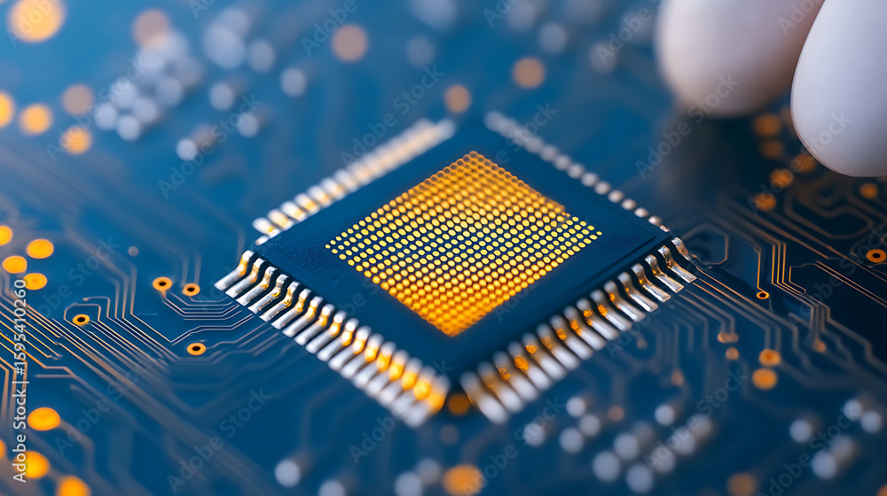 Poster close-up of a computer chip on a blue circuit board, showcasing intricate circuitry and technology. 