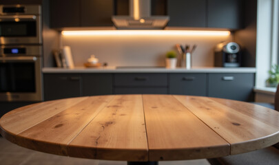 Modern kitchen design features round wooden table, sleek cabinetry, and warm lighting, creating cozy atmosphere for gatherings