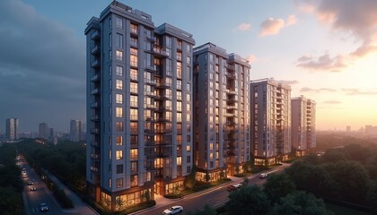 Modern residential buildings with sleek facade designs stand tall against evening skyline. Warm interior lights glow from numerous windows, balconies, illuminating contemporary urban architecture.