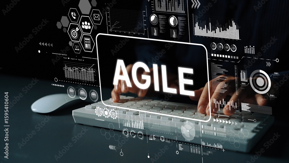 Poster modern agile methodology concept with hands on keyboard and digital graphics overlay. asymptotic sma