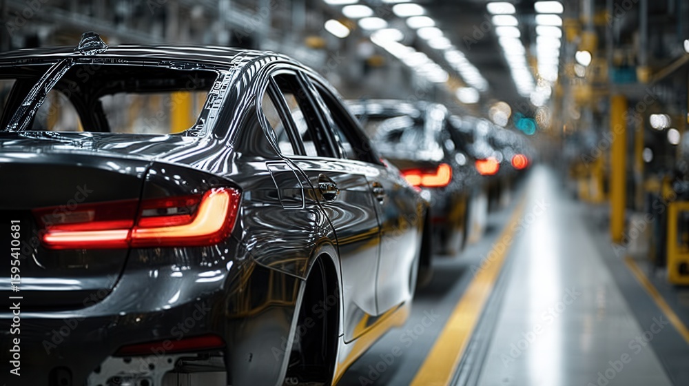 Poster close-up view of chassis production on automotive assembly line with multiple vehicles in progress