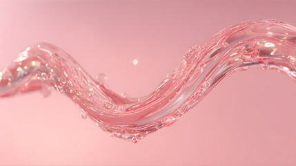 Elegant pink liquid wave with sparkling bubbles and droplets creates a luxurious and delicate abstract background