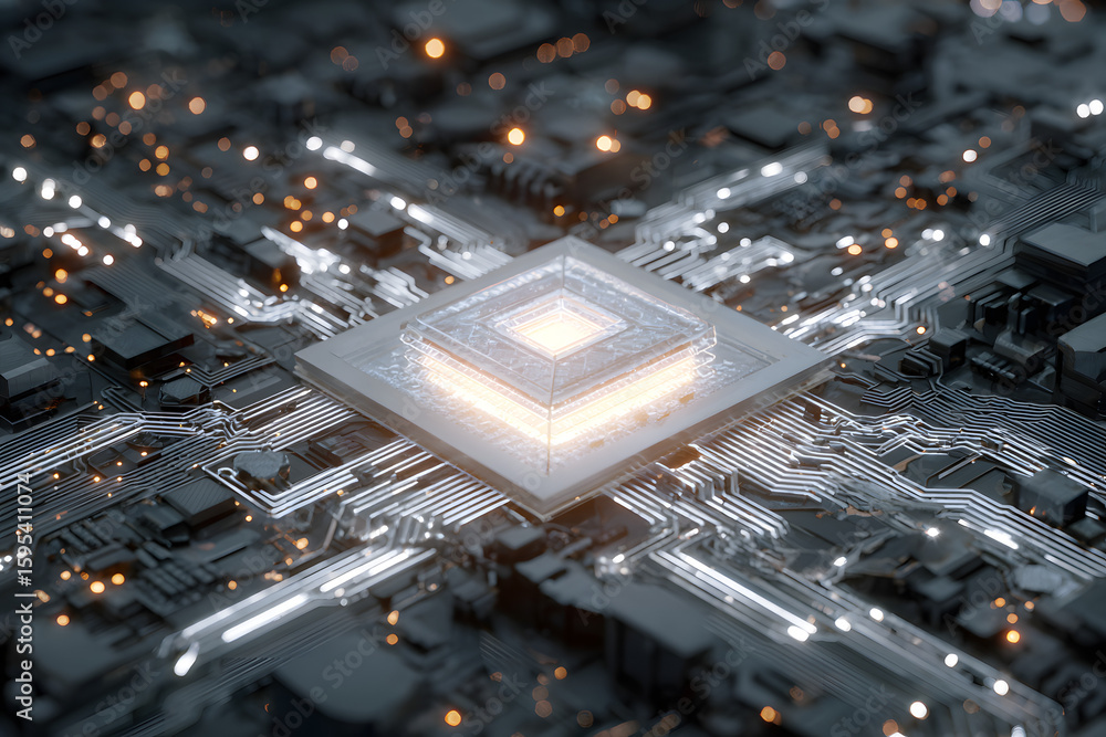 Poster 3d-rendered futuristic ai core central processing unit surrounded by intricate neural pathways glowi