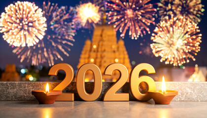 New Year 2026 Creative Design with oil lamps and temple background
