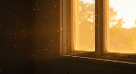 Golden Hour Rays in Dusty Room - Serene window scene, sunlit dust motes, golden light, quiet interior, peaceful atmosphere. Symbolizing tranquility, hope, memory, time, and warmth