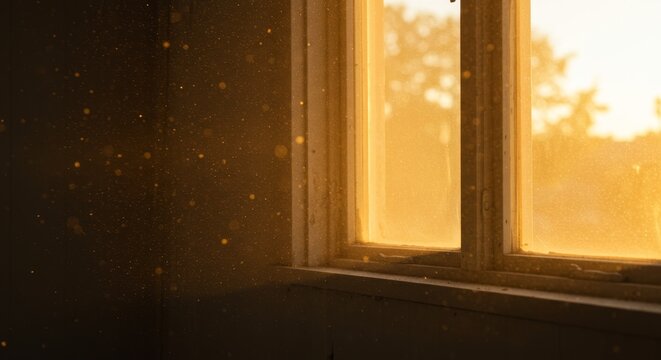 Golden Hour Rays in Dusty Room - Serene window scene, sunlit dust motes, golden light, quiet interior, peaceful atmosphere. Symbolizing tranquility, hope, memory, time, and warmth