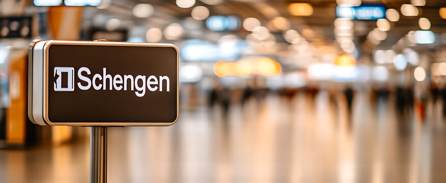 An access point or entry-way sign for a visa-free travel zone. The sign is located within a high-traffic area, likely an airport or a travel station. - Powered by Adobe