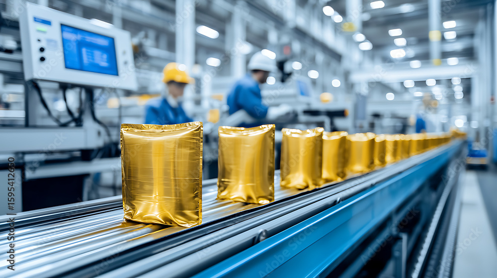 Poster production line with sealed gold pouches progressing through a clean manufacturing facility. automat