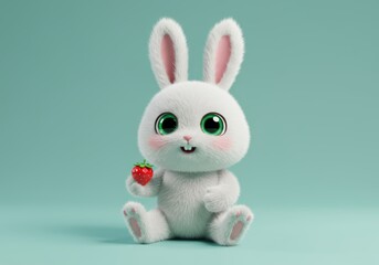 Obraz premium Adorable 3D Render of a Fluffy White Bunny Holding a Strawberry