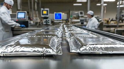 Automated packaging line with foil pouches on a conveyor belt in a manufacturing facility. Production environment with workers and machinery.