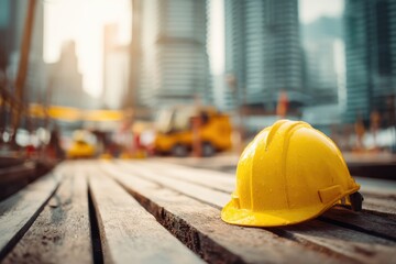 A yellow construction helmet rests on wooden planks at a bustling urban construction site with blurred high-rise buildings in the background.