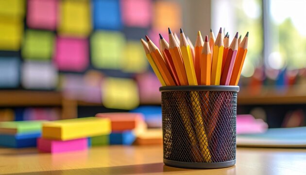 Vibrant Pencils in Mesh Holder with Colorful Sticky Notes Background - Powered by Adobe