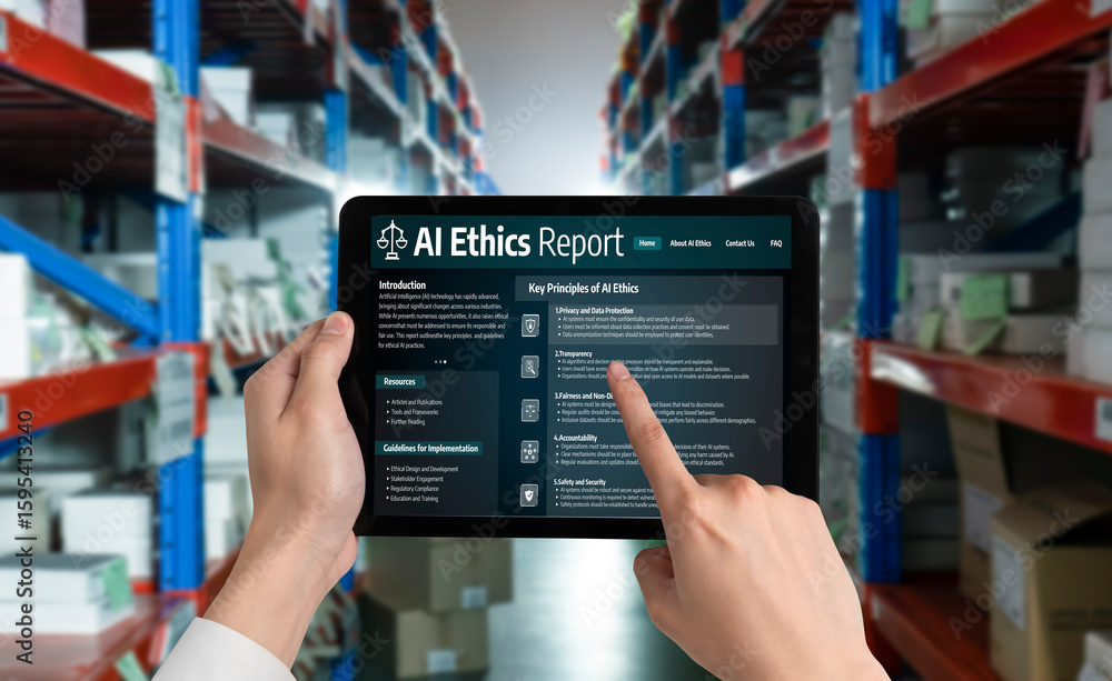 Poster ai ethics responsibility standard law and rules on computer screen provide report of ai ethic transp