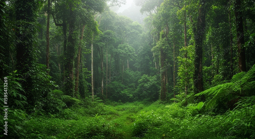Poster lush rainforest path - serene path through a dense, misty rainforest. lush green foliage and tall tr
