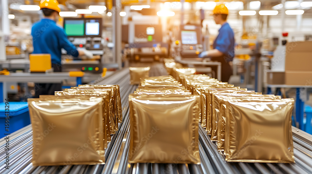 Poster production line with golden packages moving along a conveyor belt in a factory with workers in hard 