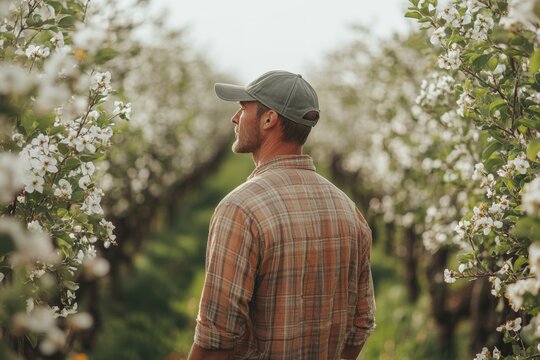 Young man with cap standing in blooming orchard during springtime
