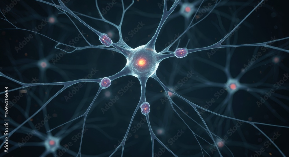 Poster microscopic neuron network - detailed of a neuron network, showcasing intricate connections and glow