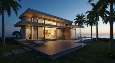 Modern Beachfront Villa at Sunset - Luxurious beachfront villa with stunning ocean views at sunset. Modern architecture, spacious deck, and infinity pool. Perfect for luxury real estate