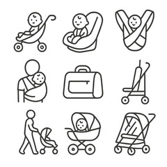 Baby Transport Icons. Outline style icons of baby transportation: baby in stroller, car seat, baby carrier, sling wrap, travel bag