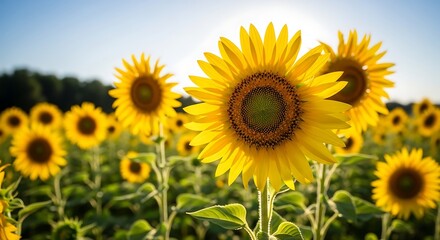 Fototapeta premium Vibrant Sunflower Field Basking in Sunlight Under Clear Blue Sky Landscape Filled with Beauty