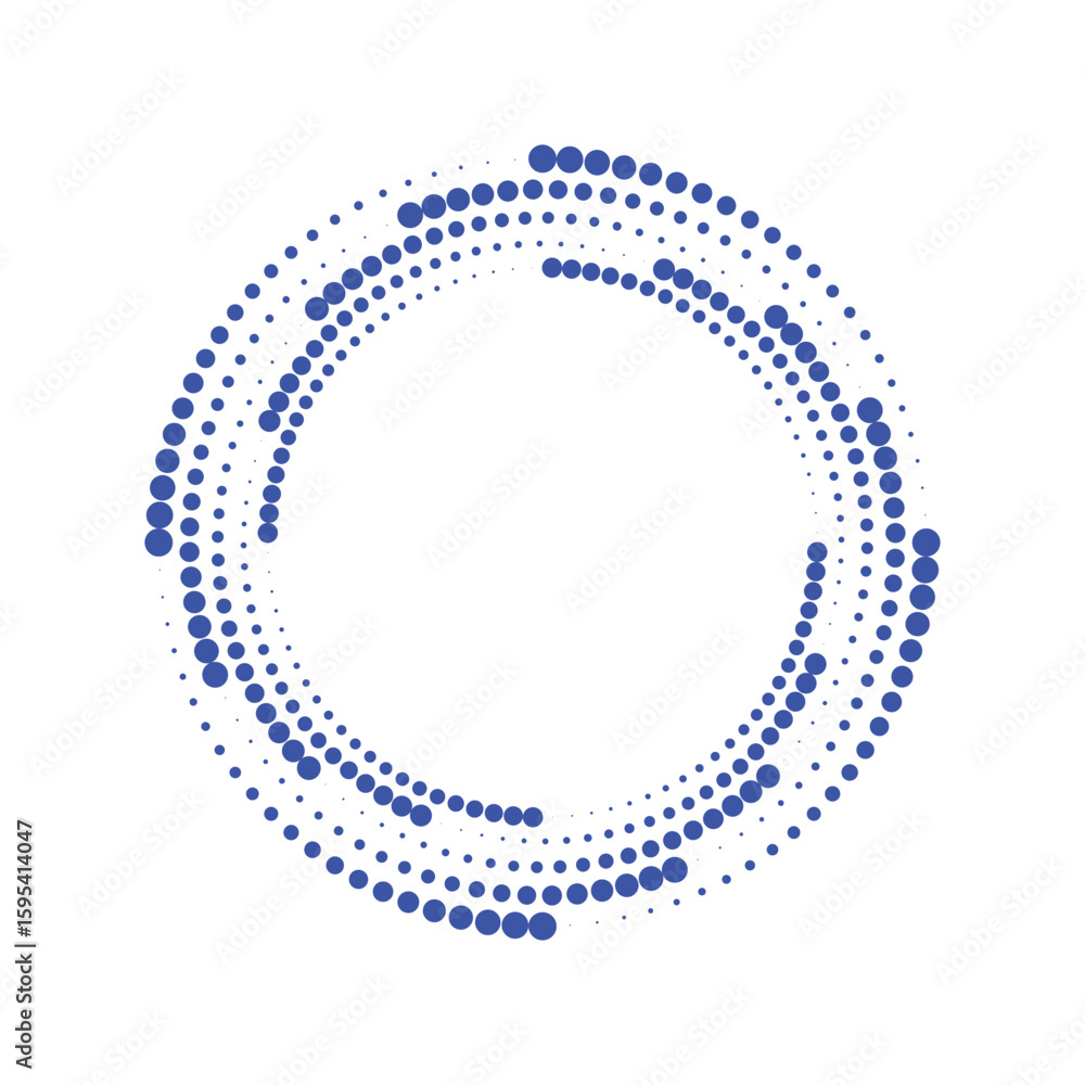 Poster vibrant blue halftone circle frame: a dynamic vector graphic with circular dots creating a swirling 