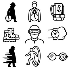 Time Travelers Icons. Outline style icons of Time Travelers: silhouette with clock bag, traveler suit with hour hand, backpack
