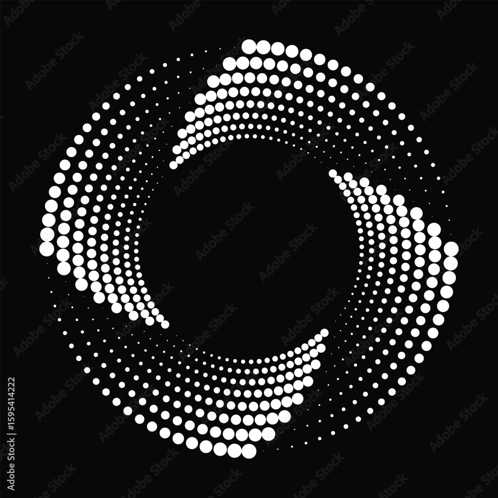 Poster Dynamic White Halftone Circle on Black Backdrop A Vector Illustration of Concentric Dots Forming a Circular Shape for Modern Graphic Design Elements