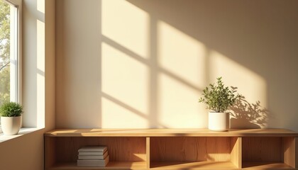 Warm sunlight streams through window onto wooden shelf creating soft shadows. Minimalist interior features potted plant, stack of books. Beige wall, clean space, tranquil ambiance for home decor.