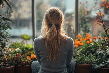 Woman sitting alone on a bench in a flower garden during daylight