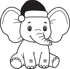 Obraz premium Christmas cartoon elephant with Santa hat, big ears, sitting pose, outlined illustration for children,
