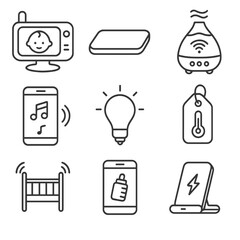 Smart Nursery Icons. Line style icons of Smart Nursery Tech: video baby monitor, movement sensor pad, Wi-Fi humidifier,