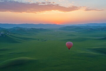 Hot air balloon flying over green hills during scenic sunset view