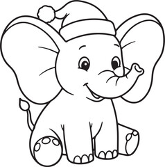Fototapeta premium Christmas cartoon elephant with Santa hat, big ears, sitting pose, outlined illustration for children,