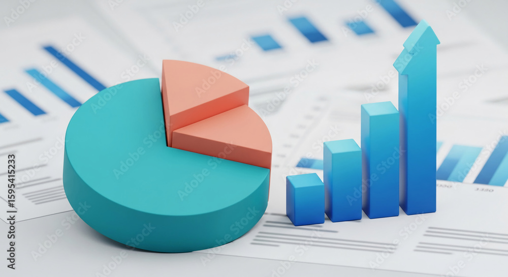 Poster teal and peach pie chart and upward blue bar graph on financial report, symbolizing growth and progr