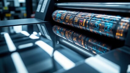 Industrial lighting highlights a clean environment as an offset printing machine's digital control panel glows in vibrant blue and orange UI, mirrored flawlessly on the nearby polished chromium roller