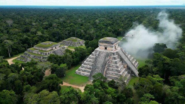 Ancient Mayan Pyramids rise majestically from the vibrant green jungle whispers of history in soft morning fog and a