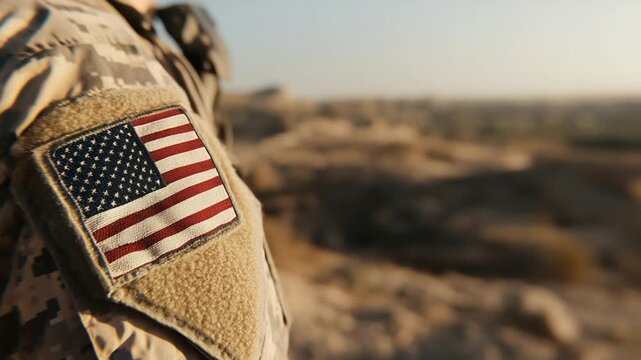 A weathered American flag patch adorns a soldier's combat jacket sleeve against a blurred desert backdrop.