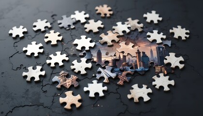 Interlocking Jigsaw Puzzle Pieces on Dark Surface with City Skyline Background