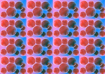 Abstract pattern of colorful circles on blue and pink background  