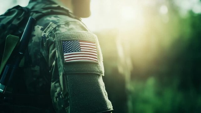 A soldier's tactical jacket with a rippling American flag patch stands out against a softly blurred green background, highlighted by dramatic lighting.