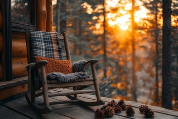 Cozy wooden cabin porch with a chair in the middle of an autumn forest
