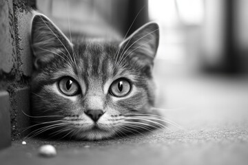 Black and white close-up of a relaxed cat lying on the floor